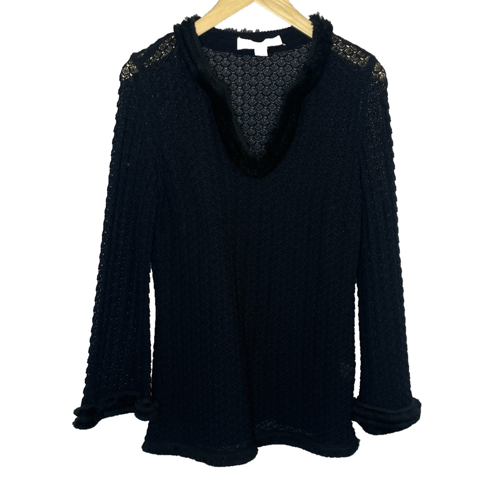 Women's Medium Sara Campbell Black Crochet Fringe Nylon Blouse Semi-Sheer